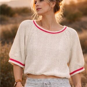 BDG Cream Red Trim Cropped Sweater Soft Knit Short Sleeve Boho Medium